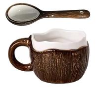Watreketal Tasse en céramique fabriquée à la main en coquille de noix de coco avec poignée ergonomique et cuillère - Passe au lave-vaisselle - Idéal pour les boissons chaudes et décoration - Tasse en