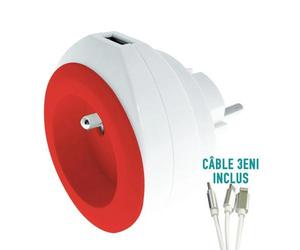 WATT&CO Chargeur secteur USB intégré - rouge - Câble 3 en 1 fourni