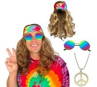 Watt's Wigs - Costume hippie - Perruque marron avec bandeau tie-dye, lunettes de soleil arc-en-ciel et collier médaillon de la paix - Costume hippie Woodstock des années 60 ou 70 - Taille unique