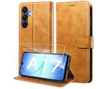 WAURZ Coque pour Samsung Galaxy A17 4G/5G Etui Coque avec 2 Verre Trempé Porte Carte Clapet à Rabat Portefeuille Cuir Case Housse Protection Flip Cover Étui,Jaune