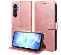 WAURZ Coque pour Samsung Galaxy A17 4G/5G Etui Coque avec 2 Verre Trempé Porte Carte Clapet à Rabat Portefeuille Cuir Case Housse Protection Flip Cover Étui,Or Rose