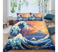 Wave Art Housse de Couette Hypoallergique 3 pièces 3D Effet Confortable Japanese Ukiyo-e Style Ensemble De Literie avec 2 Taies d'oreiller Hypoallergique for Adulte Enfants Filles Single（140x200cm）