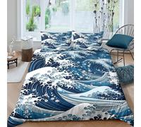 Wave Art Housse de Couette Microfibre résistante 3 pièces 3D Imprimée Entretien Facile Japanese Woodblock Style Linge de Lit avec Taie d'oreiller Hypoallergique for Hommes Enfants Double（200x200cm）