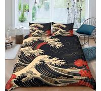 Wave Art Linge de Lit 3 pièces Hypoallergique Imprimé en 3D Léger Japanese Woodblock Style_ Housse de Couette avec 2 Taies d'oreiller Confortable for Chambre à Coucher Super King（260x220cm）