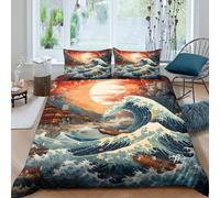 Wave Art Parure de Lit 3D Effet Microfibre 3 Pièces Hypoallergique Japanese Style de Illustration Linge de Lit avec Taie d'oreiller Facile d'entretien for Ado Single（135x200cm）