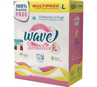Wave Washing Sensitive - Le Détergent en Feuilles - 100% SANS PLASTIQUE - Multipack L - 128 lavages - Ecologique - Biodégradable - Compostable
