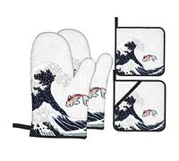 Waves and Fish Gants de Four et maniques Lot de 4 pièces, Gants de Four, Coussin Chauffant Polyvalent, résistant à la Chaleur élevée, Gants de Cuisine pour Cuisiner, Cuire au Four, Griller