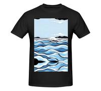 Waves Lapping at The Rocks T-shirt léger à col rond pour homme, 100 % pur coton, Noir , XXL