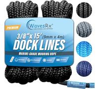 WavesRx Lot de 2 Lignes de Quai Haute Performance de 1,6 cm x 7,6 m pour Grands Bateaux jusqu'à 13,7 m | Corde d'amarrage et d'amarrage de qualité supérieure (Black, 3/8” x 15’)