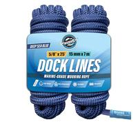 WavesRx Lot de 2 Lignes de Quai Haute Performance de 1,6 cm x 7,6 m pour Grands Bateaux jusqu'à 13,7 m | Corde d'amarrage et d'amarrage de qualité supérieure (Deep Sea Blue, 5/8" x 25' (2PK))