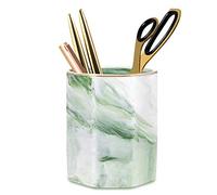 WAVEYU Pencil Holder, Pencil Cup for Desk, Makeup Brush Holder Cup, Cute Pencil Stand Marble Decorative for Kids Durable Ceramic Desk Organizer for Office, Classroom, Home, Green Marble