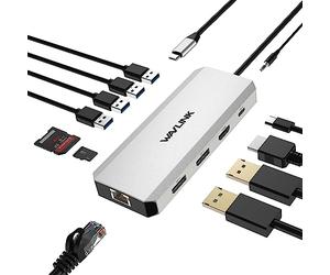WAVLINK Dock USB C, Stations d'accueil pour Ordinateur Portable 12 en 1 à Triple Affichage avec Dual 4K DP, 4K HDMI, 100W PD, Gigabit Ethernet, 2 USB3.0, 2 USB 2.0, Lecteur de Carte SD/TF, Mic/Audio