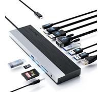 WAVLINK Station d'accueil USB-C 3 moniteurs avec HDMI, DP, VGA, 100 W PD, USB3.0&2.0, RJ45, emplacements SD/TF, Audio/Microphone, pour Lenovo/HP/Dell, etc. - Gris