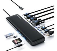 WAVLINK Station d'accueil USB-C 3 moniteurs avec HDMI, DP, VGA, 100 W PD, USB3.0&2.0, RJ45, Fentes SD/TF, Audio/Microphone, pour Lenovo/HP/Dell, etc. Noir