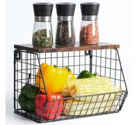 Wawocs Panier de Fruits et Légumes Mural Empilable, Bac à Fruits Etagère Range Légumes Cuisine, Corbeille Rangement Métal avec 2 Crochets, Noir