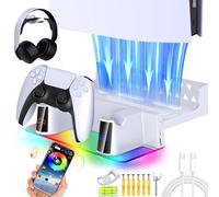 WAYCOM Kit de montage mural PS5 avec station de charge LED RVB pour PS5, PS5 Pro et PS5 Slim Consoles Disc & Digital, chargeurs rapides pour double contrôleur, support mural en acier et support pour