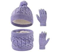 Waylipun 3 en 1 Echarpe et Gants Bonnet Ensemble Trois Pièces, Enfant Tricoté Tour de Cou Chaud Enfants Gants Bonnet, Hiver Accessoires Ensemble Set Pour Garcon Filles 3 à 10 ans (Violet)