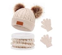 Waylipun Ensemble Bonnet, écharpe et Gants pour Enfants Garçon Fille, 1-5 Ans, Bonnets Tricotés avec Pompon et Snood Gant pour Garçons Filles (Beige)