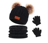 Waylipun Ensemble Bonnet, écharpe et Gants pour Enfants Garçon Fille, 1-5 Ans, Bonnets Tricotés avec Pompon et Snood Gant pour Garçons Filles (Noir)
