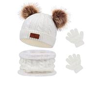 Waylipun Ensemble Bonnet, écharpe et Gants pour Enfants Garçon Fille, 1-5 Ans, Bonnets Tricotés avec Pompon et Snood Gant pour Garçons Filles (Blanc)