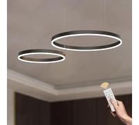 WayLuoung Lustre LED en Métal | 2 Cercles 40+60cm | 40W Plafonnier Suspendu Avec Anneaux, Télécommande à Intensité Variable 3000-6000K, Abat-jour en Acrylique Salon Chambre Foyer Salle Manger【Noir】