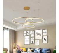 WayLuoung Lustre LED en Métal | 3 Cercles 40+60+80cm | 90W Plafonnier Suspendu Avec Anneaux, Télécommande à Intensité Variable 3000-6000K, Abat-jour en Acrylique Salon Chambre Foyer Salle Manger【Or】