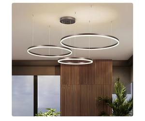 WayLuoung Lustre LED en Métal | 3 Cercles 60+80+100cm | 108W Plafonnier Suspendu Avec Anneaux, Télécommande à Intensité Variable 3000-6000K, Abat-jour Acrylique Salon Chambre Foyer Salle Manger【Brun】