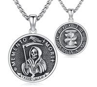 Waysles Memento Mori Collier gothique en argent sterling 925 pour homme et femme avec différents motifs - Tête de mort, faucheuse, sablier, chouette, Santa Muerte Amulette de protection, 23 mm, Argent