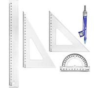 WAYTEX 931241 Kit Géométrie 5 Pièces 1 Règle 2 Equerres et 1 Rapporteur et 1 compas pour école, bureau et loisirs créatifs en plastique transparent