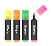 Waytex 931518 Surligneurs Fluo Lot de 4 Couleurs assorties, Pochette de 4 feutres à Pointe Biseautée, Jaune, Orange, Vert, Rose, pour le bureau, l’école et la maison