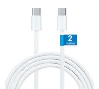 Waytex Câble charge rapide USB C vers USB C 3A/60W, Longueur 2,00 m, Cordon USB type C 3.1 M/M Gaine Nylon tressé anti-rupture Blanc, Compatible Iphone, Ipad et Androïd avec type C