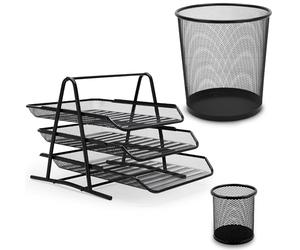Waytex Ensemble Accessoires de bureau 3 pièces Métal Maille Mesh, Corbeille à Papier, Trieur 3 corbeilles coulissantes, Pot à Crayons