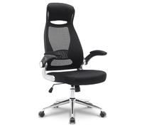 Waytex Fauteuil de Bureau Ergonomique Tissu Résille, Dossier Haut avec Appui-Tête Intégré, Accoudoirs Relevables, Soutien Lombaire, Réglable en Hauteur, Pied Métal Chromé - Noir