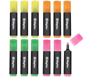 Waytex Lot de 12 Surligneurs Fluo 4 Couleurs assorties, 3 Pochette de 4 feutres à Pointe Biseautée, Jaune, Orange, Vert, Bleu, pour le bureau, l’école et la maison