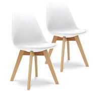 Lot de 2 Chaises Design Scandinave Coque Rigide Blanche, Assise mousse et revetement PU, avec 4 Pieds Bois Blanc