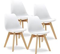 Waytex Lot de 4 Chaises Design Scandinave Coque Rigide Blanche, Assise Mousse et revetement PU, avec 4 Pieds Bois