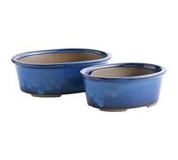Wazakura Banko Series Lot de 2 Pots à Bonsaï Faits à la Main avec Trous de Drainage, Fabriqués au Japon, en Céramique, Vase Ovale Décoratif, Bol pour Plantes d'Intérieur - Bleu