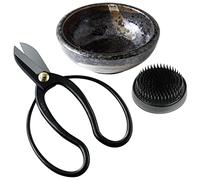 Wazakura Ensemble Arrangement Floral Ikebana Fabriqué au Japon, Ciseaux Koryu Kenzan Noir, Vase à Fleurs en Céramique Noir Minoyaki, Kenzan Pique Fleurs Noir 61mm