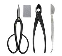 Wazakura Kit 4 Outils, Set Essentiels Entretien Bonsaï Fabriqué au Japon, Ciseaux Ashinaga en Acier Yasugi Japonais 200mm, Coupe Branche, Pince Multifonction en Acier Inoxydable, et Gomme Nettoyante