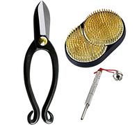 Wazakura Lot de 3 Outils Essentiels Japonais Fabriqués au Japon, Composition Florale et Ikebana, Ciseaux Ikenobo, Support Pique Fleurs Kenzan Soleil et Lune, et Accessoires Entretien Aiguilles