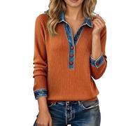 WAZHAKU Chemise en velours côtelé pour femme - Chemisier de cowboy - Pull en denim patchwork - Manches longues - Haut en denim - Revers - Col en V - Boutonnière - Maille gaufrée - Décontracté