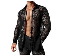WAZHAKU Chemise Transparente pour Homme avec Col Retourné en Dentelle, Manches Longues en Dentelle, Boutons jusqu'en Bas, Chemises de Loisirs pour Homme, pour Party, Club de Nuit, Scène, Chemise à