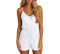 WAZHAKU Combinaison d'été courte et élégante sans manches avec col en V - Taille élastique - Coupe ample et décontractée - Avec poches - Pour la plage, les vacances, les fêtes, les mariages, les fêtes