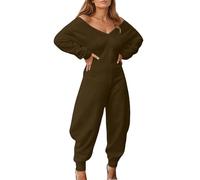 WAZHAKU Combinaison pyjama pour femme - Combinaison d'hiver douillette - Longue combinaison de nuit - Pyjama moelleux - Sans capuche - Combinaison de sport - Tenue une pièce - Survêtement de loisirs