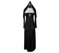 WAZHAKU Costume de religieuse pour femme - Robe sexy de bonne sœur - Robe religieuse - Coupe ajustée - Longue - Moulante - Avec fente - Croix imprimée - Avec chapeau - Costume d'Halloween sexy pour