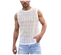WAZHAKU Cut Out Débardeur Homme Tricoté Ajouré Maillot de corps Couleur Unie Col Rond Sans Manches Confortable Stretch Respirant Homme Tricot Haut Douche Vêtements Gilet de Loisirs, Blanc., XL