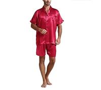 WAZHAKU Ensemble chemise et short pour homme - Pyjama de luxe en satin - Deux pièces - Manches courtes - Sans boutons - Survêtement d'été avec poche - Pour bal de fin d'année, boîte de nuit, fête,