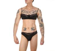 WAZHAKU Ensemble de lingerie sexy pour homme, soutien-gorge sissy, réglable, mini bralette, haut en dentelle, boxer, ensemble de lingerie pour crossdressers, transgenres, vêtements de nuit sexy, Noir