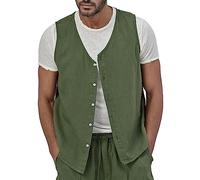 WAZHAKU Gilet en lin pour homme - Style rétro - Confortable - Respirant - Sans manches - Pour l'été, Vert armée., XXL