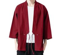 WAZHAKU Kimono Homme Japonais Haori Veste Été Manteaux Manches Longues Broderie Cardigan Homme Happi Veste Manches 3/4 Rétro Hanbok Cardigan Mince Japon Tops Homme Happi Haori Jacket, rouge, XXL